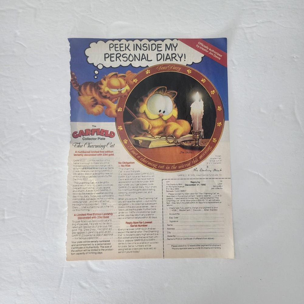 Vintage 1990 Garfield The Charming Cat Danbury Mint Print Ad Clipping 8x11